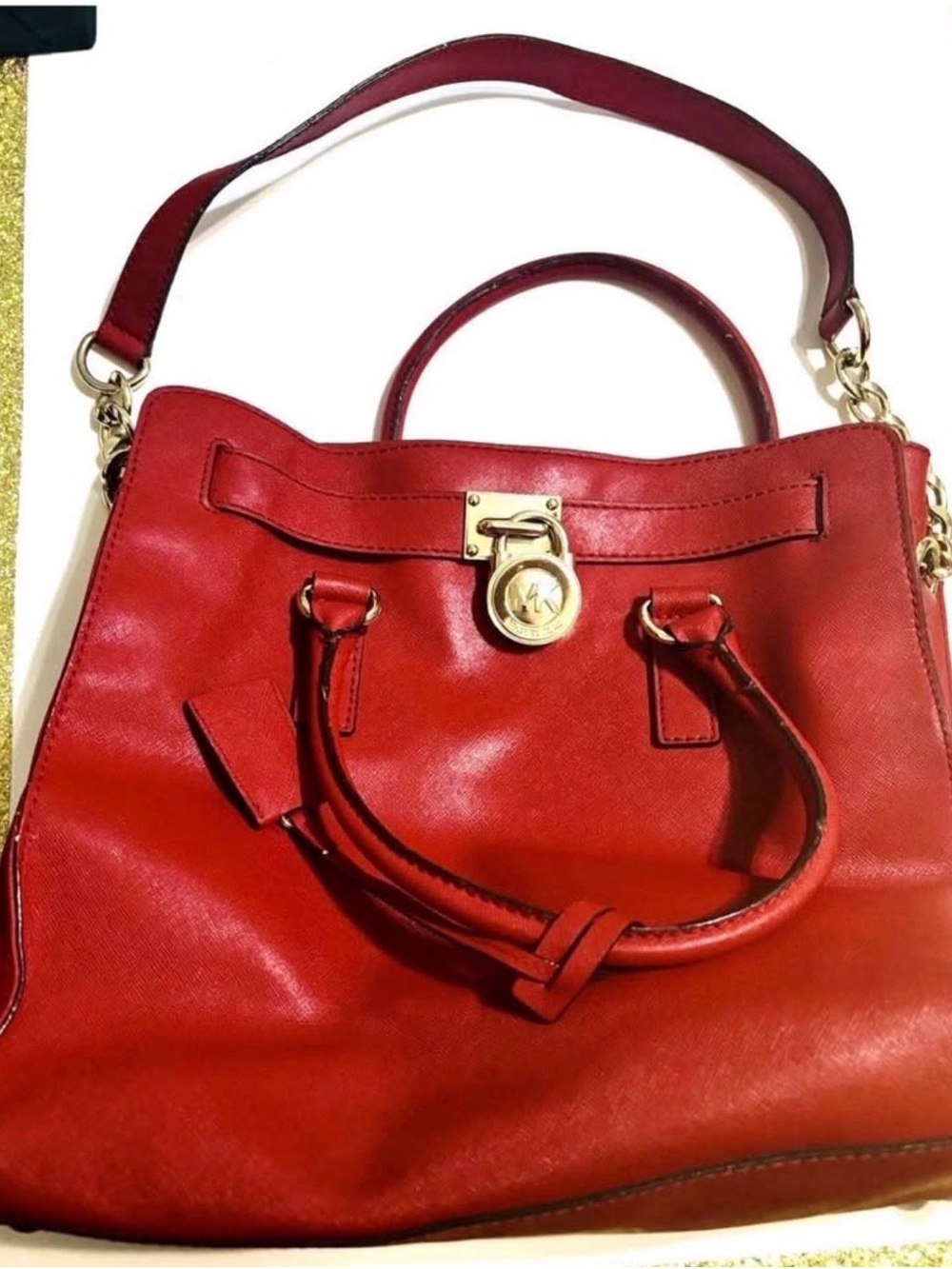 Michael Kors Red Saffiano Satchel with Gold Hardware